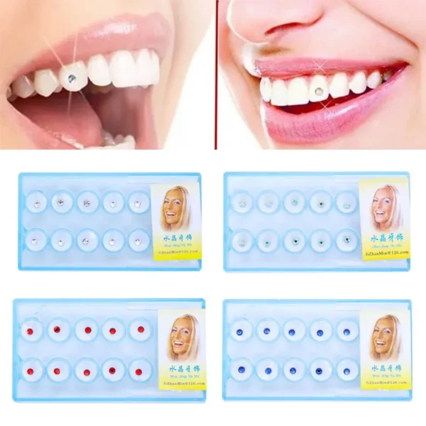 10Pcs Glittering Teeth Rhinestones Decoration Shiny Acrylic With Glue Backside Party Cosplay Oral Denture Nail Ornament 4Colors
