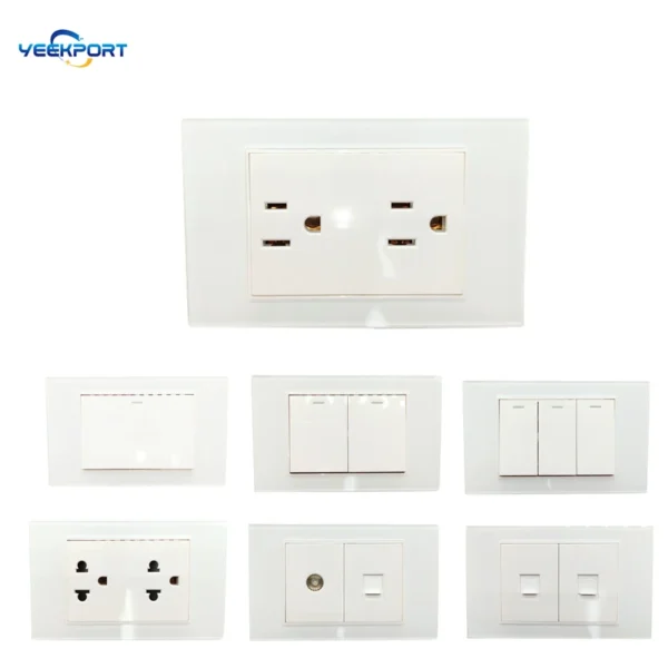 118mm American Household Standard 2Gang White Tempered Glass Panel 16A 3hole Power Plug Wall Socket And Switch Combination