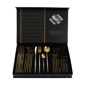 24-teiliges Geschenkbox-Set aus Edelstahl mit Westerngeschirr, Steakmesser, Gabel und L?ffel in Gold