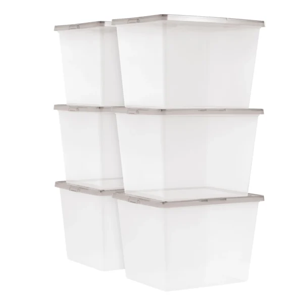 36 Quart Snap Top Clear Plastic Storage Box, Gray, Set of 6