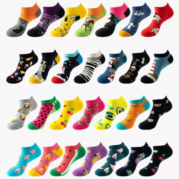 40 Style Fashion Colorful Short Socks Men Cotton Novelty Oil Painting Animals Food Avocado Casual Funny Ankle Sox