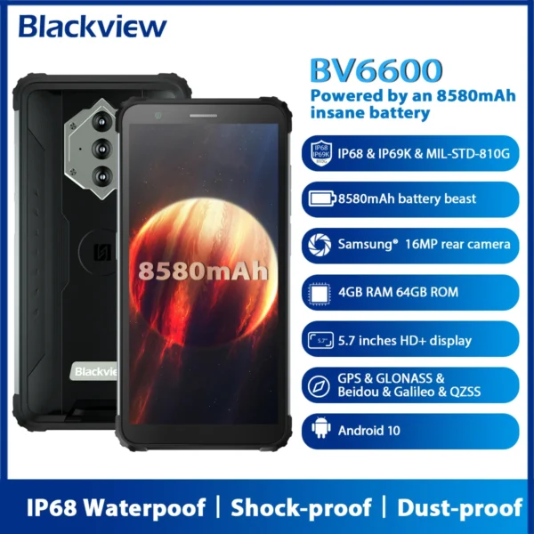 Blackview BV6600 IP68 Waterproof Rugged Smartphones Octa Core 4GB+64GB 5.7Inch 4G Android 10.0 NFC 8580mAh Battery Mobile Phone