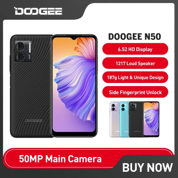 DOOGEE-N50 Smartphone, Octa Core, 8GB RAM + 128GB ROM, 50MP AI Main Camera, 6.52 Inch HD, 4200mAh Battery, Fast Charger Phone