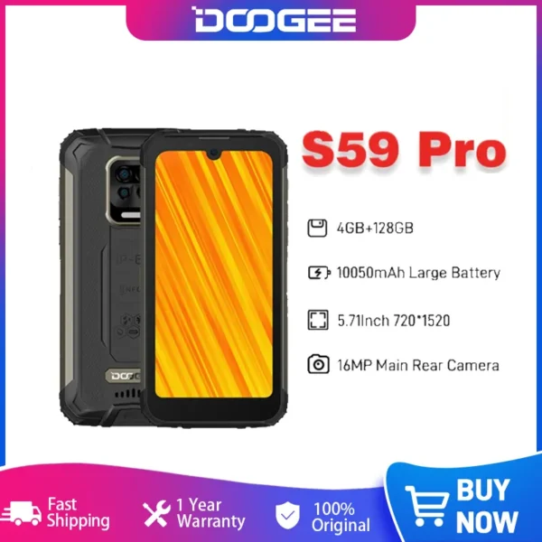 DOOGEE S59 Pro Rugged Phone4+128GB 10050mAh Super Battery IP68/IP69K NFC Rugged Smart phone 2W Loud Volume Speaker Cellphones