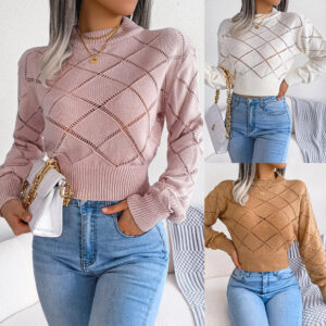 Durchbrochener, lang?rmliger Crop-Top-Strickpullover f¨¹r den Herbst/Winter