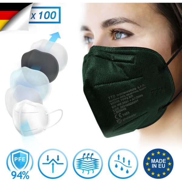 FFP2 Mundschutz Maske - 100 Stück, pfe 94%, en 149:2001+A1:2009, 5 Lagen, Filtrierend, Made in eu, Dunkelgrün, mit Ohrschlaufen - Halbmaske,