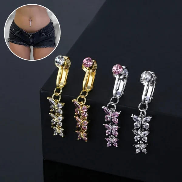 Faux Body Piercing Jewelry Fake Belly Piercing Butterfly Design Navel Rings CZ Clip On Belly Button Ring Non Piercing Jewelry
