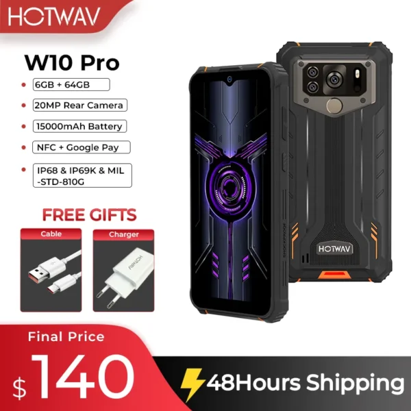 HOTWAV W10 Pro Rugged Device 15000mAh Large Battery Android 12 Octa-Core 6.53 Inch NFC 6GB 64GB 20MP