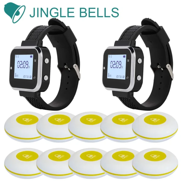 Jingle Bells Wireless Calling System 2 Watches 10 Waterproof Emergency Button Clinic Hospital Transmitter Waiter Pager