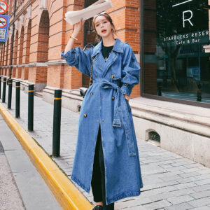 Marke Pop Europ?ischen Stil Lange Denim Trenchcoat Frauen Zweireiher mit G¨¹rtel Fr¨¹hling Herbst Oberbekleidung Blau Duster Mantel