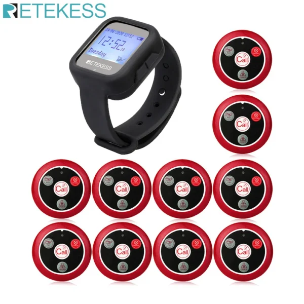 Retekess TD106 Waterproof Watch Receiver+10pcs T117 Call Button Wireless Calling System Restaurant Pager For Cafe Shop Office