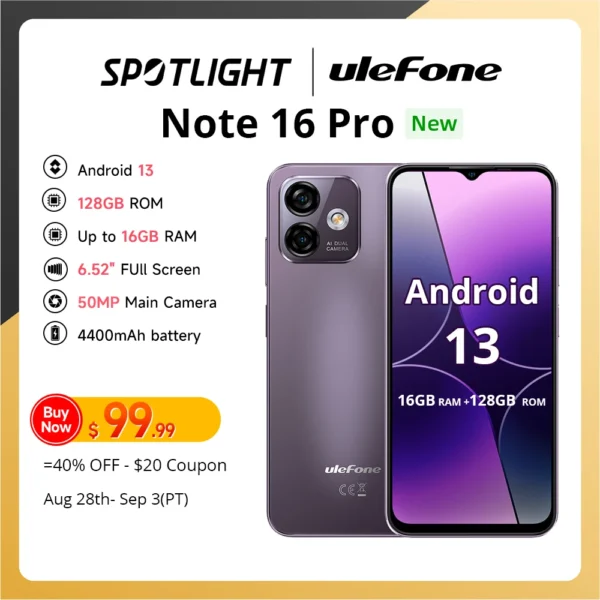 Ulefone Note 16 Pro Smartphone 16GB RAM +128GB ROM Android 13 Phone 50MP 6.52 inch Global Version