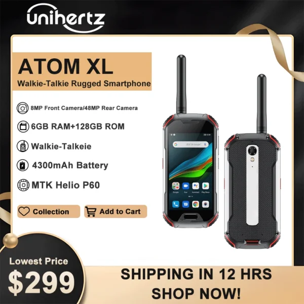 Unihertz Atom XL IP68 Rugged Waterproof Cellphones 6GB 128GB Android 10 Mobile Phone DMR Walkie-Talkie Smartphone 4300mAh NFC