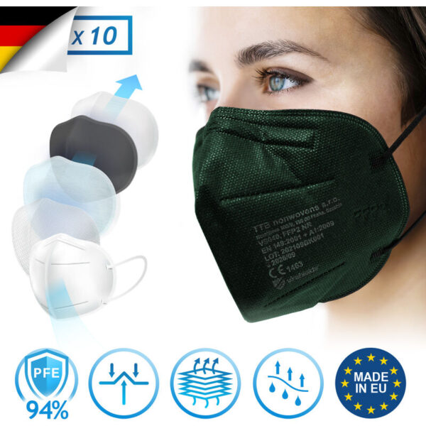 Virshields - FFP2 Mundschutz Maske - 10 Stück, pfe 94%, en 149:2001+A1:2009, 5 Lagen, Filtrierend, Made in eu, Dunkelgrün, mit Ohrschlaufen