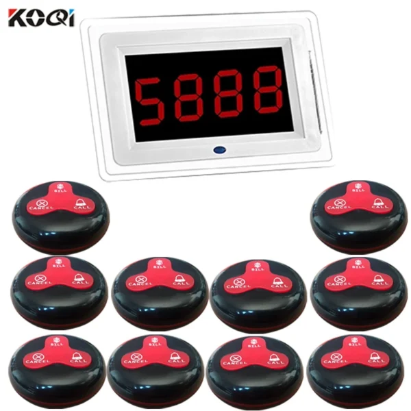 Wireless Pager Coaster Restaurant Call Paging System 1 Host Display+10 Table Bell Button Pager Restaurant Equipment