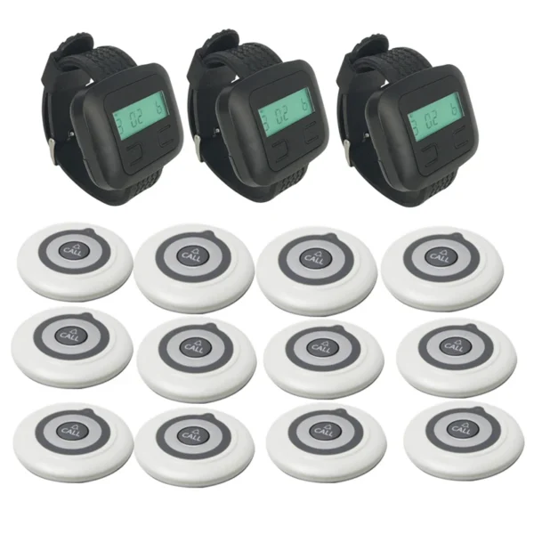 Wireless Paging System 3 Wrist Watch Receiver +12 Ultrathin Call Buttons Pager Frequency 433.92 For Restaurant