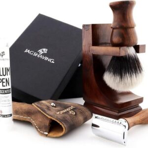 JAG SHAVING Rasierpinsel-Set 4-Piece Wooden Shaving Set - Synthetic Silver Tip Hair Shaving Brush, 4 tlg.