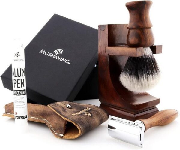 JAG SHAVING Rasierpinsel-Set 4-Piece Wooden Shaving Set - Synthetic Silver Tip Hair Shaving Brush, 4 tlg.