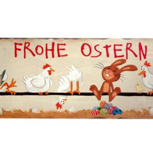 Linoows Metallschild Blechschild, Wandschild Frohe Ostern lustiger Hase, Häschen und Hühner 13x31 cm.