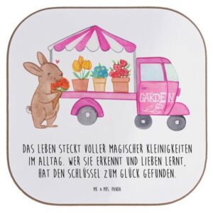 Mr. & Mrs. Panda Getränkeuntersetzer Osterhase Blumenwagen - Weiß - Geschenk, Tulpen, Osterdeko, Ostern Ge, 1-tlg., Robustes Material