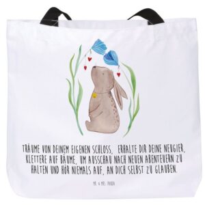 Mr. & Mrs. Panda Shopper Hase Blume - Weiß - Geschenk, Ostern Geschenk, Alltagstasche, Einkauf (1-tlg), Einzigartige Designs