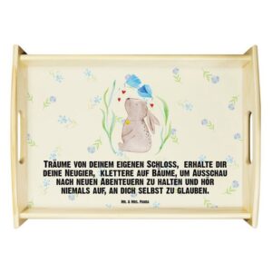 Mr. & Mrs. Panda Tablett Hase Blume - Blumig - Geschenk, Ostern Geschenk, Hoffnung, Osternest, Echtholz lasiert, (1-tlg), Kratzfeste Oberfläche
