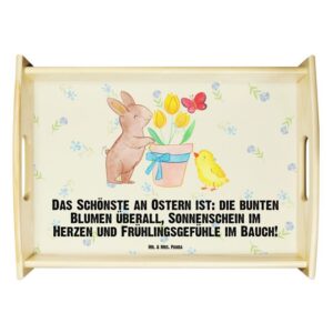 Mr. & Mrs. Panda Tablett Hase Küken - Blumig - Geschenk, Ostergeschenk, Tablett, Ostern, Oste, Echtholz lasiert, (1-tlg), Strahlender Aufdruck