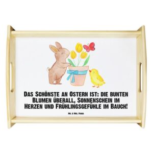 Mr. & Mrs. Panda Tablett Hase Küken - Weiß - Geschenk, Küchentablett, Tablett, Ostern Kinder, Echtholz lasiert, (1-tlg), Anti-Rutsch Pads