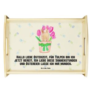 Mr. & Mrs. Panda Tablett Hase Tulpen - Blumig - Geschenk, Geschenke zu Ostern, Dekotablett, H, Echtholz lasiert, (1-tlg), Anti-Rutsch Pads