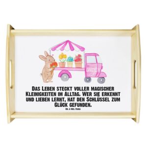 Mr. & Mrs. Panda Tablett Osterhase Blumenwagen - Weiß - Geschenk, Osterdeko, Ostern, Ostern Ki, Echtholz lasiert, (1-tlg), Anti-Rutsch Pads