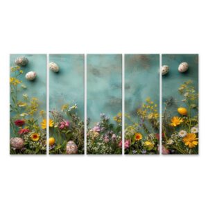 islandburner Leinwandbild Frühlingshafter Oster-Hintergrund mit bunten Eiern und Blütenpracht Ki
