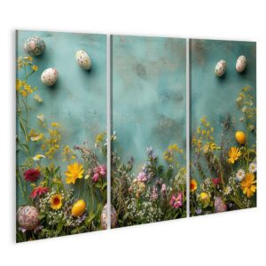 islandburner Leinwandbild Frühlingshafter Oster-Hintergrund mit bunten Eiern und Blütenpracht Ki