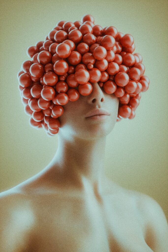 A woman with a bunch of balls on her head